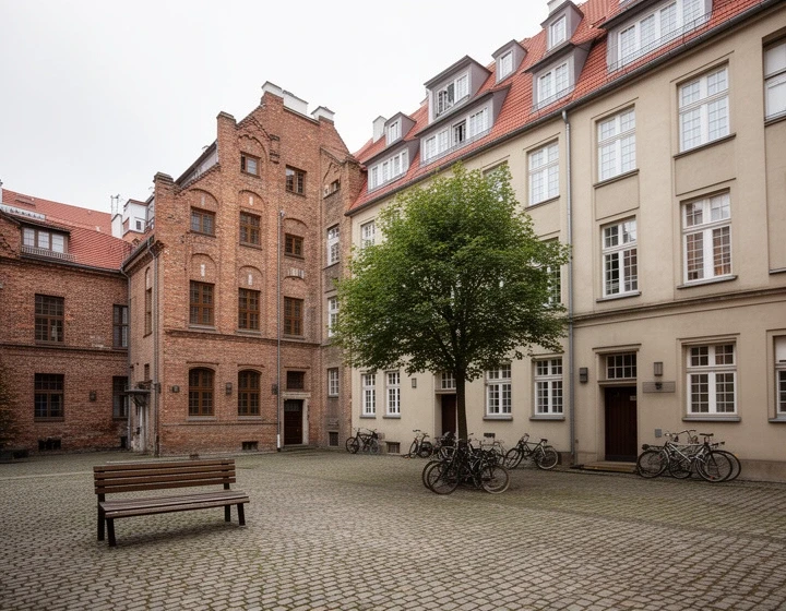 Podwórze poznańskiej kamienicy z ławką, drzewem i rowerami pod oknami