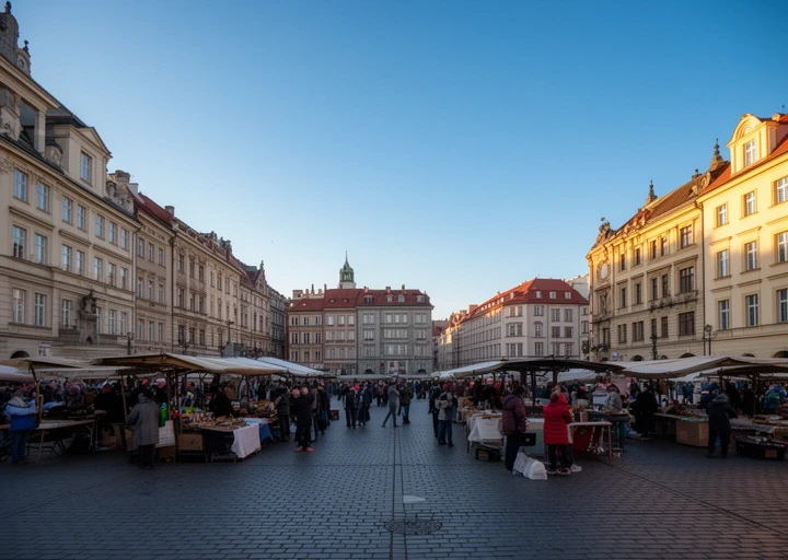 Rynek Łazarski wczesnym rankiem, pierwsze stragany i niebieskie niebo